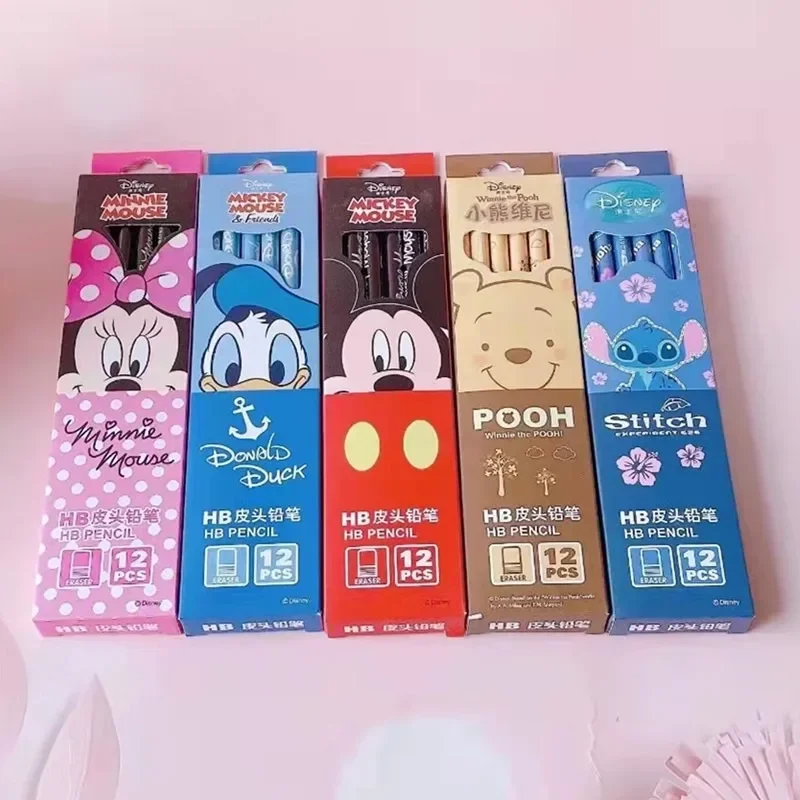 1/6/12 pencil Disney Cartoon HB Pencil with Eraser Mickey Minnie Stitch Painting Pencil Learning Education Stationery Child Gift