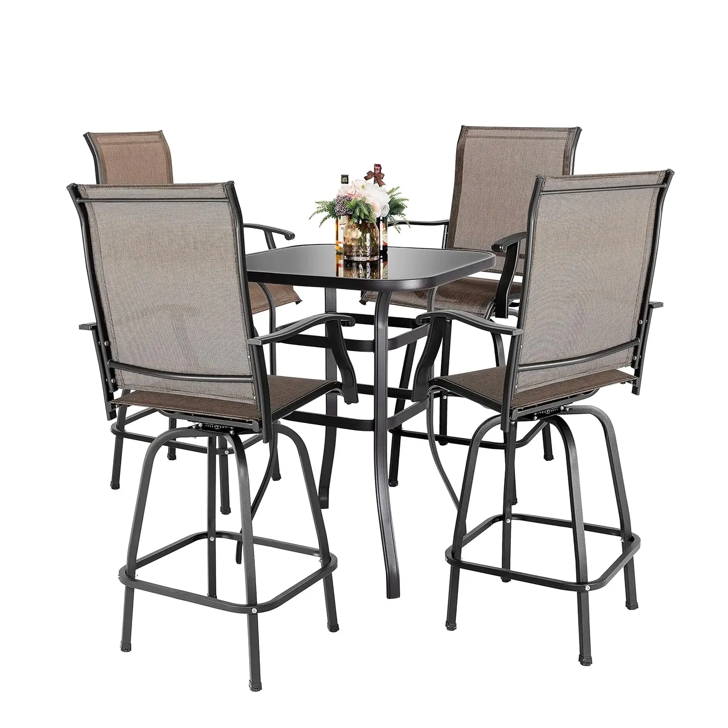 

5 Piece Patio Bar Set Square Glass Table 4 Swivel Textilene Chairs Outdoor Yard 43in H Black Brown, Custom