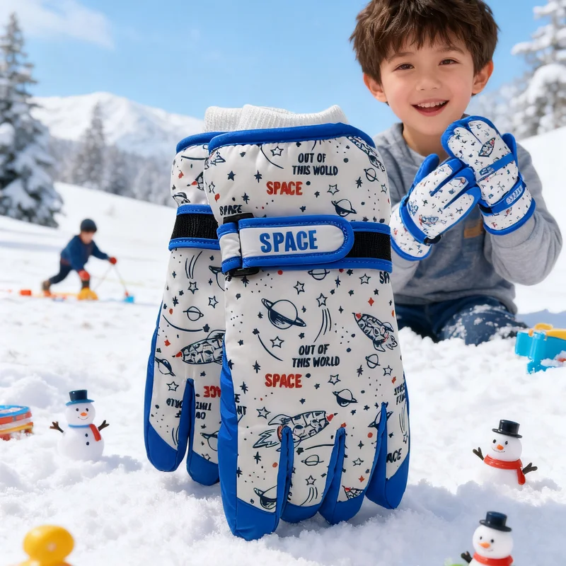 

Открытый сенсорный экран для мальчиков 7-13 лет, водонепроницаемые регулируемые утолщенные флисовые лыжные перчатки с мультяшным рисунком