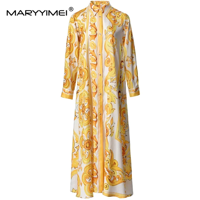 

MARYYIMEI Autumn Women's Dress Turn-Down Collar Long-Sleeved Single-Breasted Fashion Print Casual Holiday Party Dresses