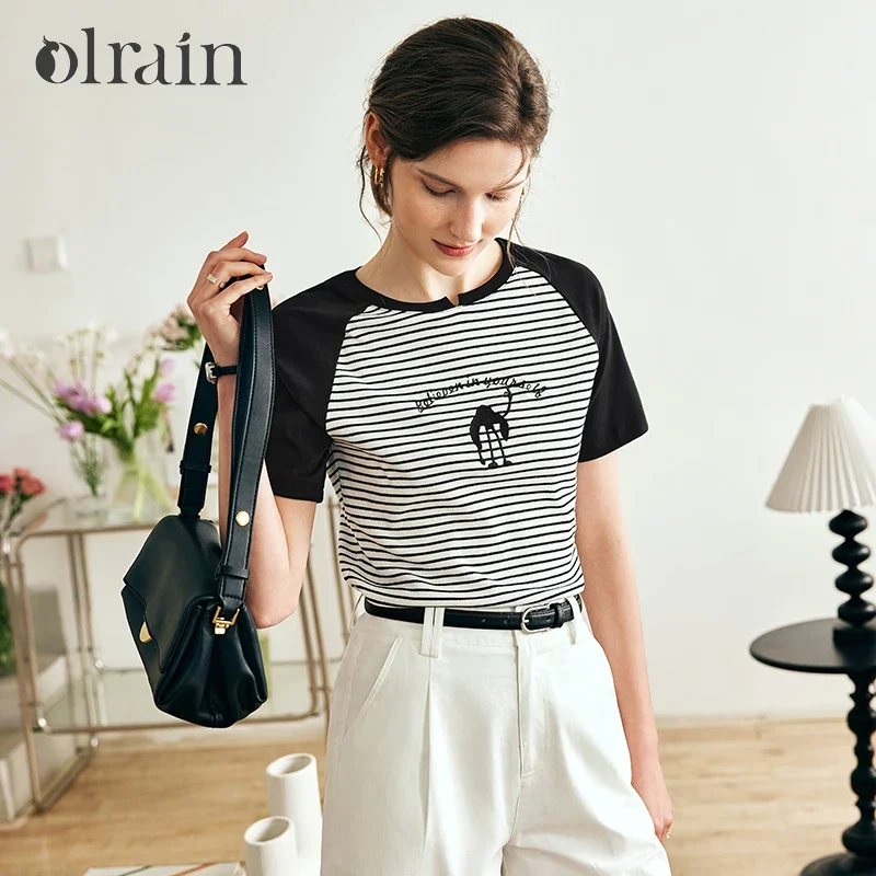 

OLrain Retro Striped T-shirt Women Spring Summer 2025 Spliced Short Sleeve T-shirt Pure Cotton Embroidered Casual Top O24XT81333