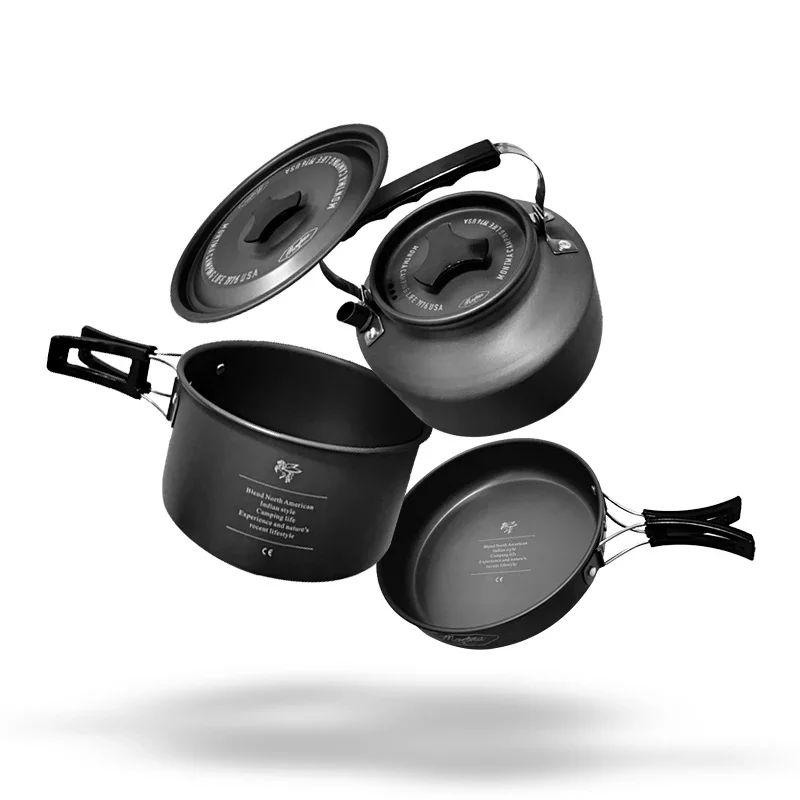 Montma American outdoor cookware three-piece cooking pot wok kettle lightweight picnic camping cookware.