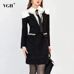 VGH Hit Color Patchwork Diamonds Temperament Dress For Women Lapel Long Sleeve Spliced Lace Up Elegant Dresses Female Fashion