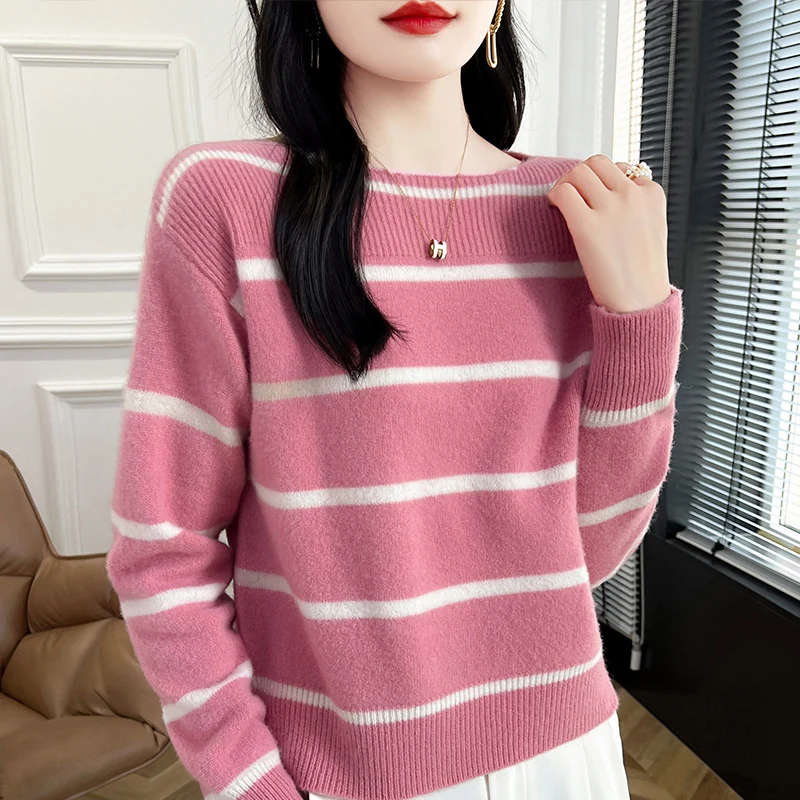 Classic striped pullover pure wool knitted sweater women's Dew shoulder collar casual top spring and autumn trend new products