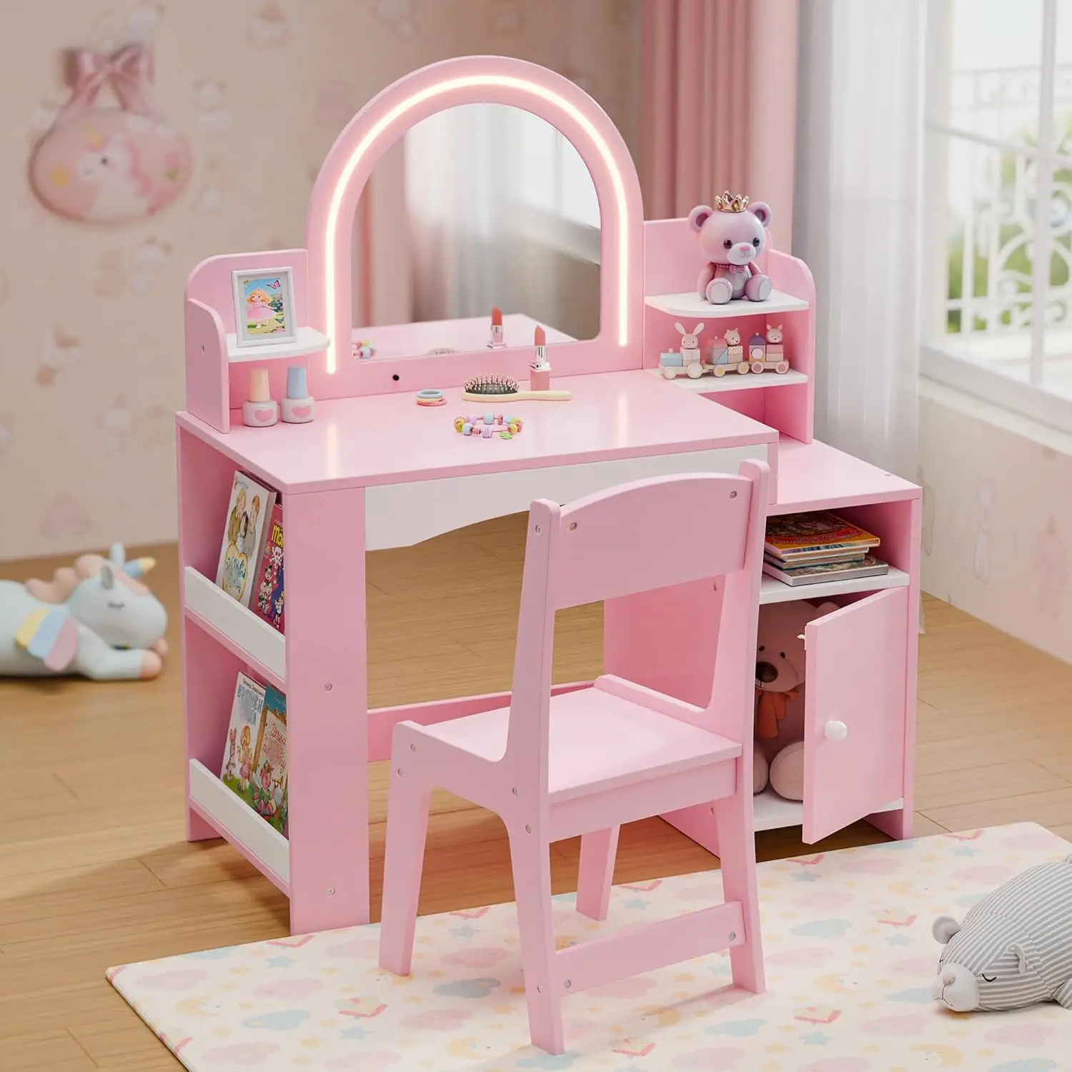 i*-Kids Vanity with Lights, Kids Makeup Vanity with Bookshelf, Enclosed Cabinet and 3-tier Open Shelves, Little Girl, Customized