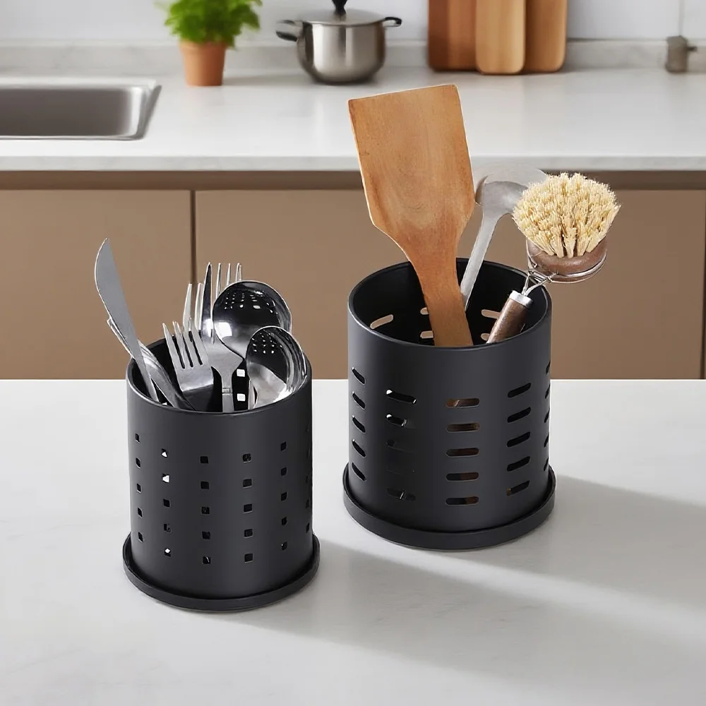 Suporte de talheres de aço inoxidável preto - Recipiente de armazenamento de cozinha de tamanho grande para facas, garfos e pauzinhos, fácil de limpar