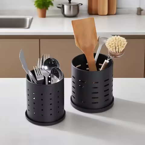 Black Stainless Steel Cutlery Holder - Large - Size Kitchen Storage Container for Knives, Forks &amp; Chopsticks, Easy to Clean