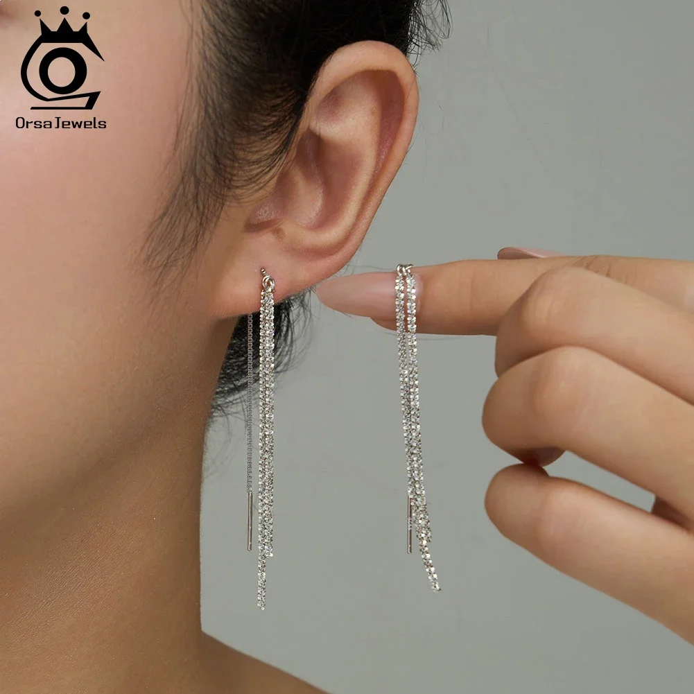 ORSA JEWELS  Tassel 925 Sterling Silver Dangle Earrings Shiny Chain Earline for Women Minimalist Jewelry Banquet Party APE152