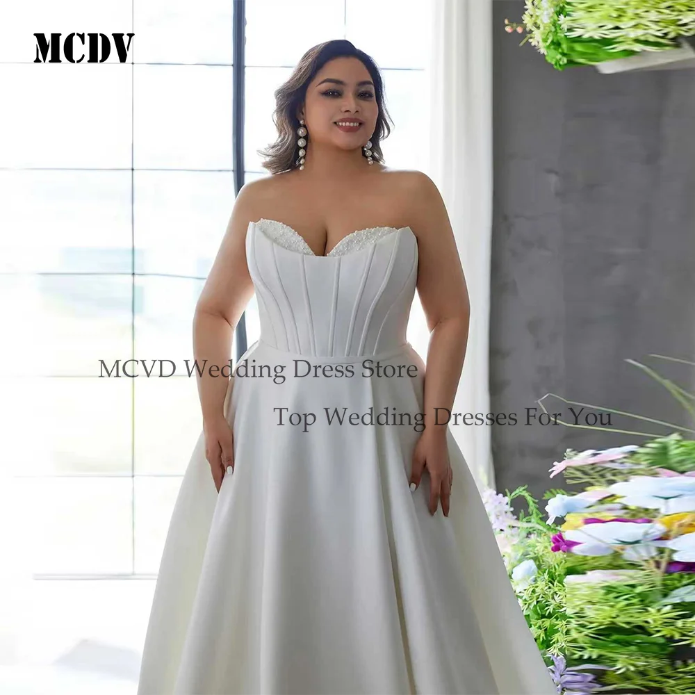 

MCDV Plus Size A Line Strapless Satin Wedding Dresses Pearl Beaded Split Backless Elegant Bridal Gowns robe de mariée Customized