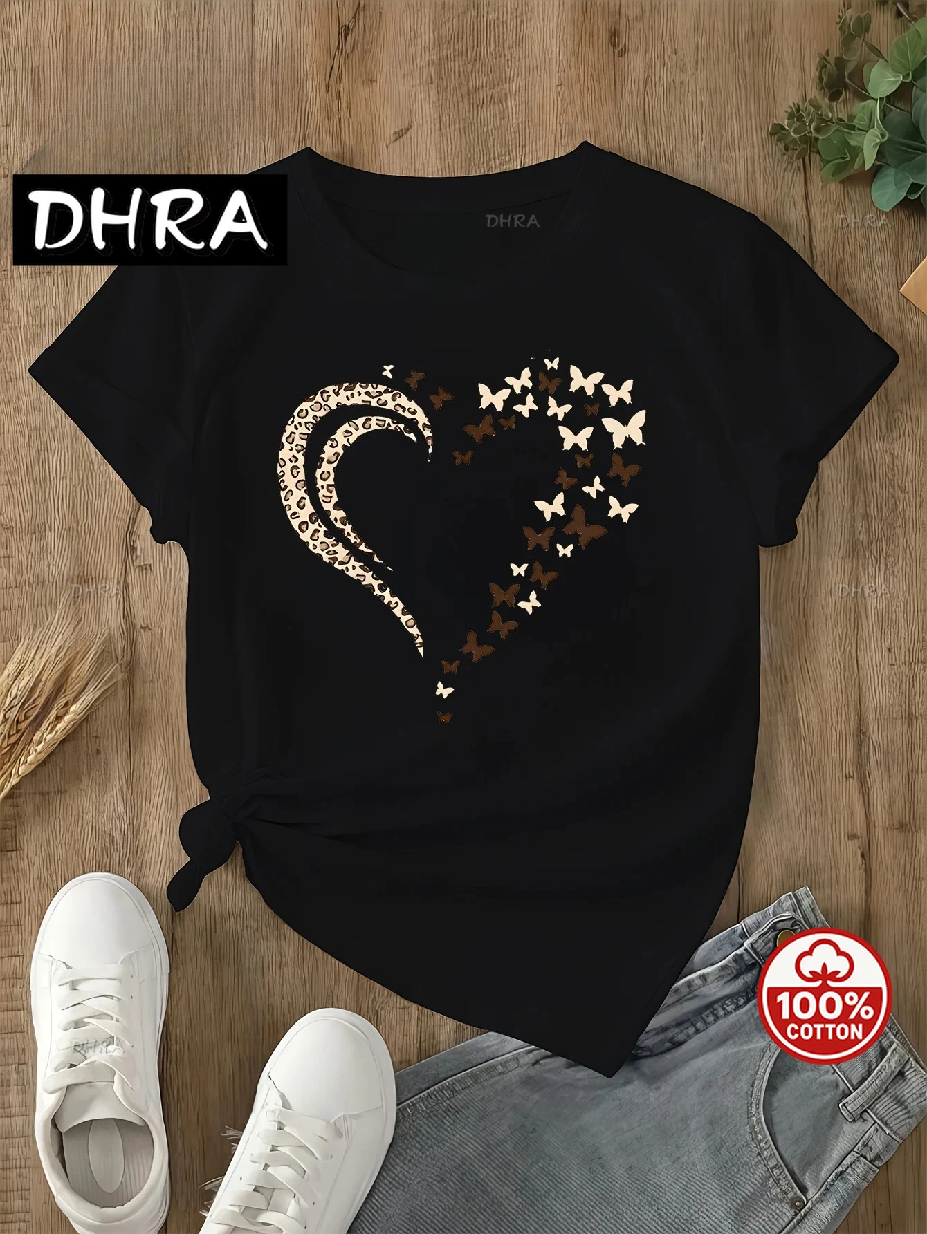 حار بيع Slee lar النسيج - مجموعة الربيع والصيف والخريف المرأة عارضة المتناثرة تي شيرت مع نمط القلب طاقم الرقبة خمر #3