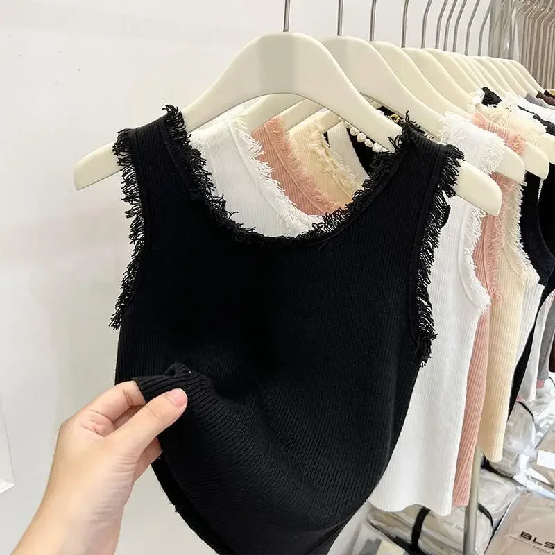 여름 여성 탱크탑 솔리드 니트 슬리브리스 태슬 U넥 아이시 실크 언더웨어 엘라스틱 슬림 여성 의류 조끼 2026
