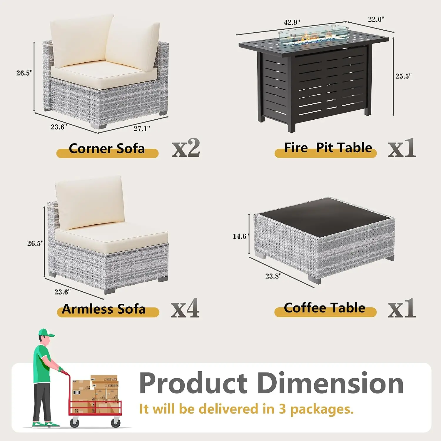 8 Piece Outdoor Sectional Sofa Set with Firepit Table, Wicker Rattan Patio Conversation Furniture with Cushions, Customized