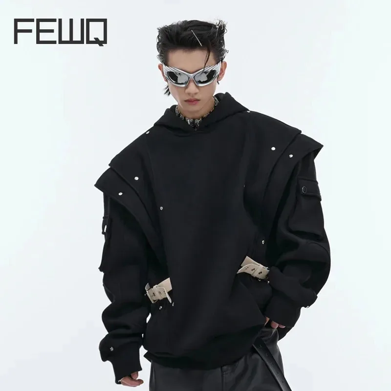 FEWQ Niche Doublelayer Shawl Hooded Sweatshirt Metal Rivet Design Loose Hoodie Jacket 2024 Darkwear Male Tops Fashion