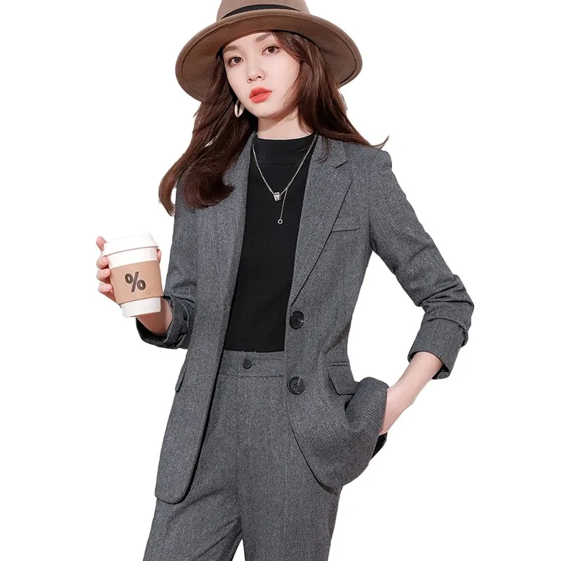 Lnsozkdg British Style Woolen Suit Straight Pants Sets Retro Casual Solid Color Single-breasted Wide-leg Two-piece Set Woman\'s