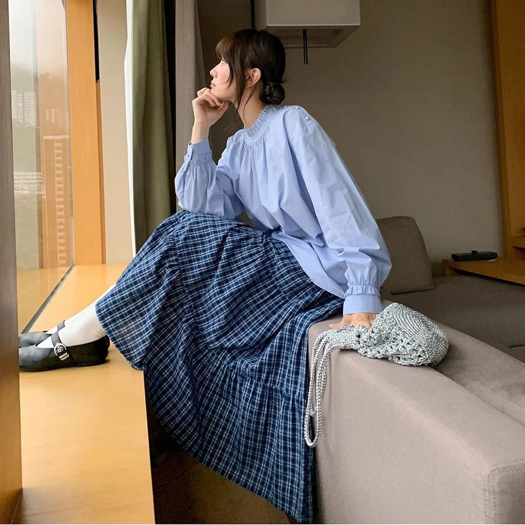 تنورة ريترو متعددة الطبقات ذات مربعات باللونين الأزرق والأبيض، طراز بناتي فرنسي، تنورة عالية الخصر وتنحيف على شكل حرف A، لو نسائي #1