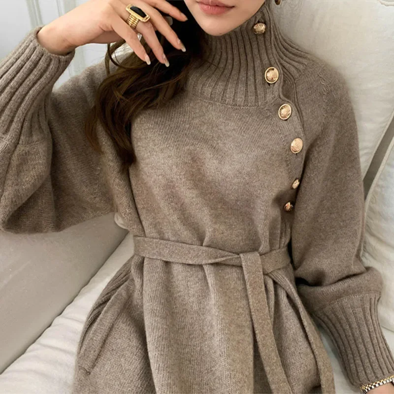 Women Knitted Elegant Long Sleeve Lace-Up Dresses 2021 Stylish Autumn Winter Turtleneck Buttons Female Thicken Long Warm Dress