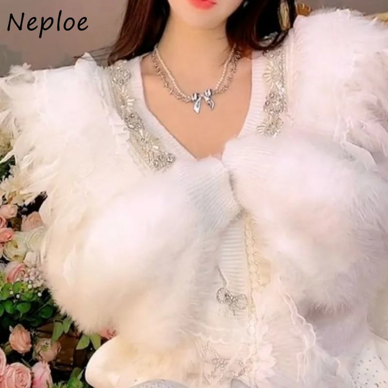 Neploe V Neck Beading Diamonds Feather Patchwork Outerwear Vintage Sweater Jacket Long Sleeve Bowknot Single-breasted Cardigans