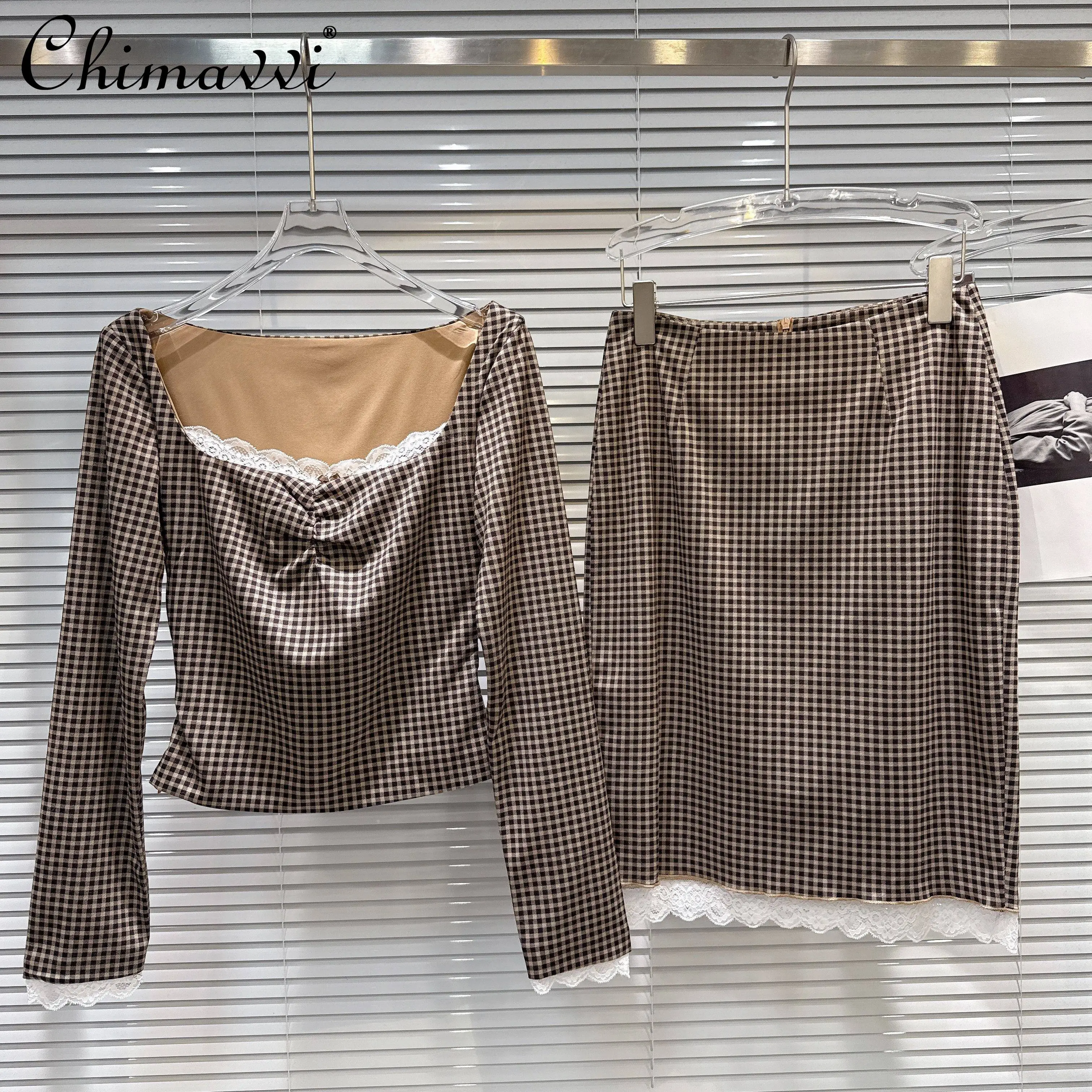 

2026 Spring Korean Style Elegant Socialite Lace Square Neck Long Sleeve Shirts High Waist Plaid Skirts Two-Piece Set for Women