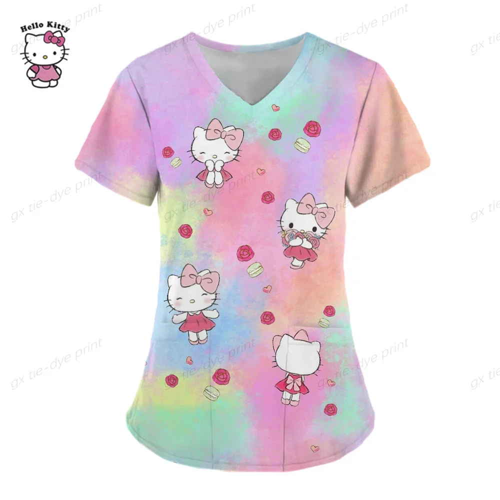 New 2024 Hello Kitty Christmas Print Uniform Women's Pocket Healthcare Nursing Scrubs Nurse Work Shirt Nursing Staff y2k t-shirt