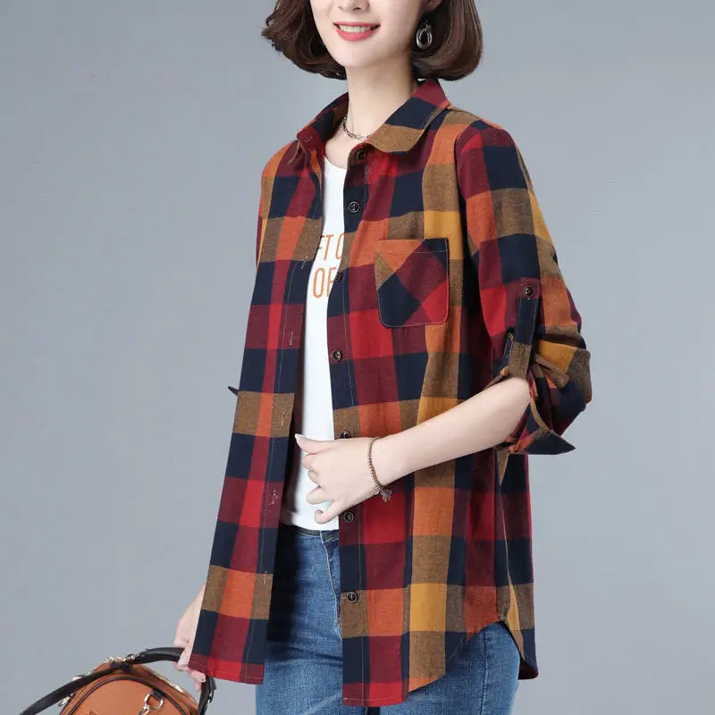 Camisa de treliça assimétrica feminina, bolsos elegantes emendados, tops grandes, blusa coreana solta, roupa casual, nova, outono, 2022