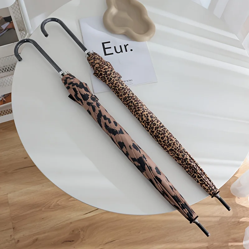 

Retro Fashion Hook Umbrella Leopard Pattern Long Handle Umbrella Rain Sun Protection10K Umbrella Travel Photo Props Girl Parasol