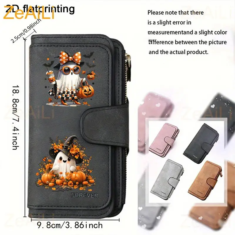 Halloween Ghost Pumpkin Wreath Surrounding Women's Long Wallet Features Multiple Card Slots A Coin Pocket Pouch Perfect Gift
