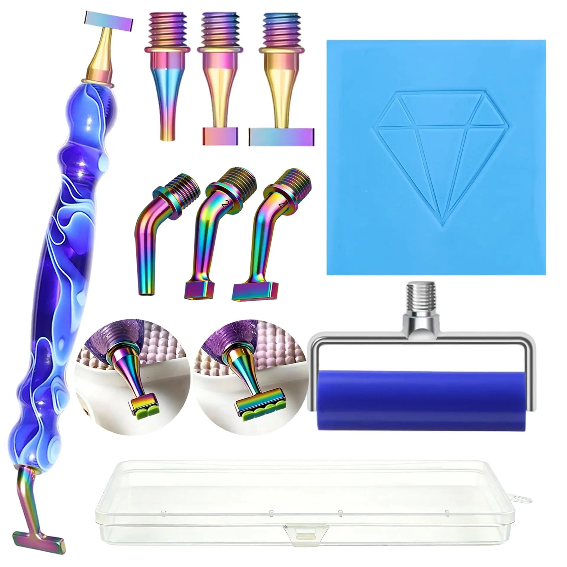 DIY Diamond Painting Dotting Pen Set Tools and Accessories, Including Fine-Threaded Metal Pen Tips, Clay, Roller Tools, and Straight and Angled Multi-Bead Pen Tip Accessories