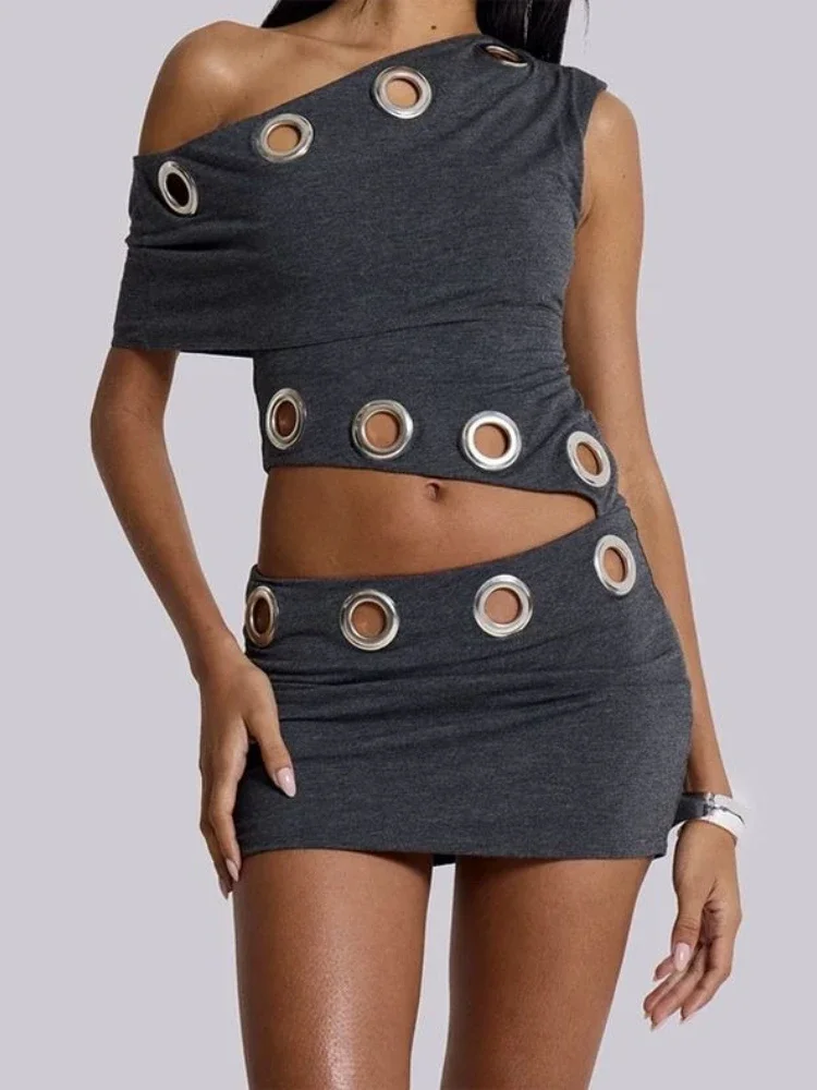 

Summer Y2K Vintage Fake 2 Piece Sets Women Off Shoulder Sexy Hollow Out Crop High Waist Bodycon Mini Dress Party Outfits 2025