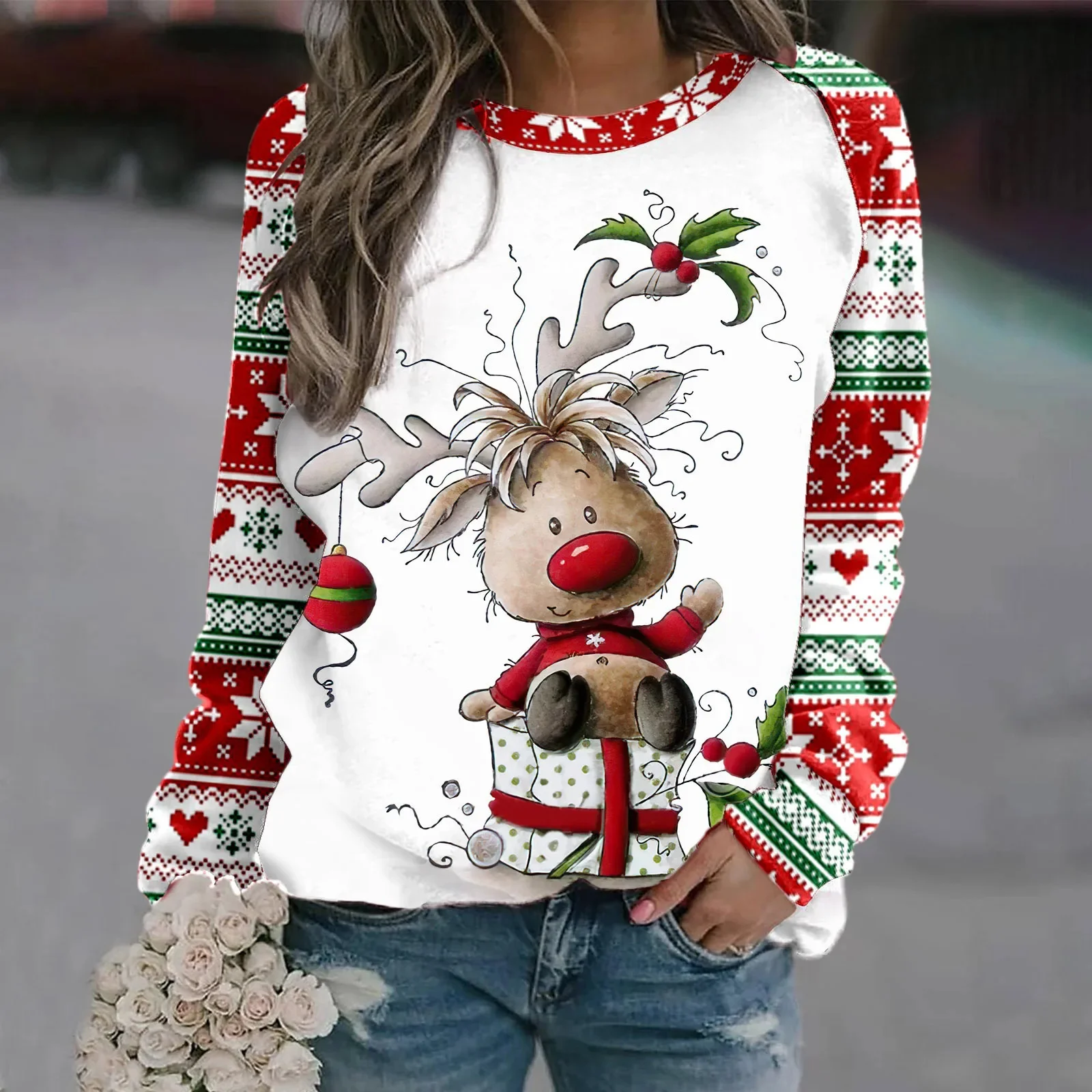 Christmas Reindeer Women\'s Clothing Autumn/Winter Round Neck Cotton Long Sleeved Casual Plus Size Tops Christmas Party T-Shirt