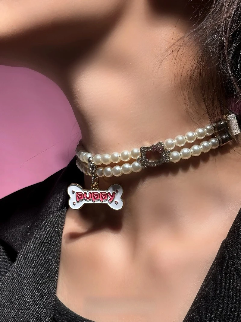 Cute Pink Pearl Choker Necklace With Tag Sweet  Chain Women Cosplay Fashion Neck Jewelry