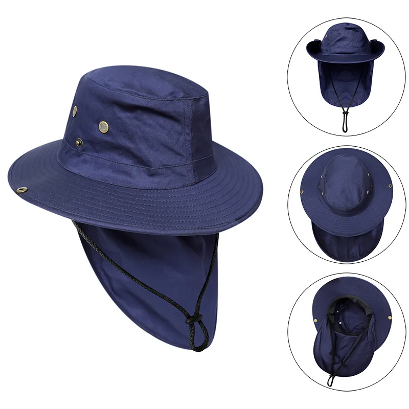 New Adjustable Outdoor Sun Hats UPF 50+ Wide Brim Bucket Hats with Neck Rope Flap Fishing Hiking Men Summer UV Protection Caps