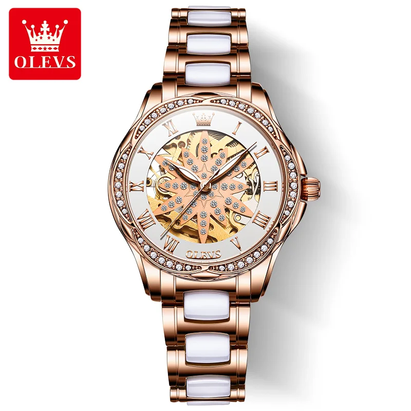 OLEVS 6681 Brand Watch for Women Elegant Rose Gold Hollowed Flower Diamond Dial Fashion Luxury Ladies Automatic Mechanical Watch