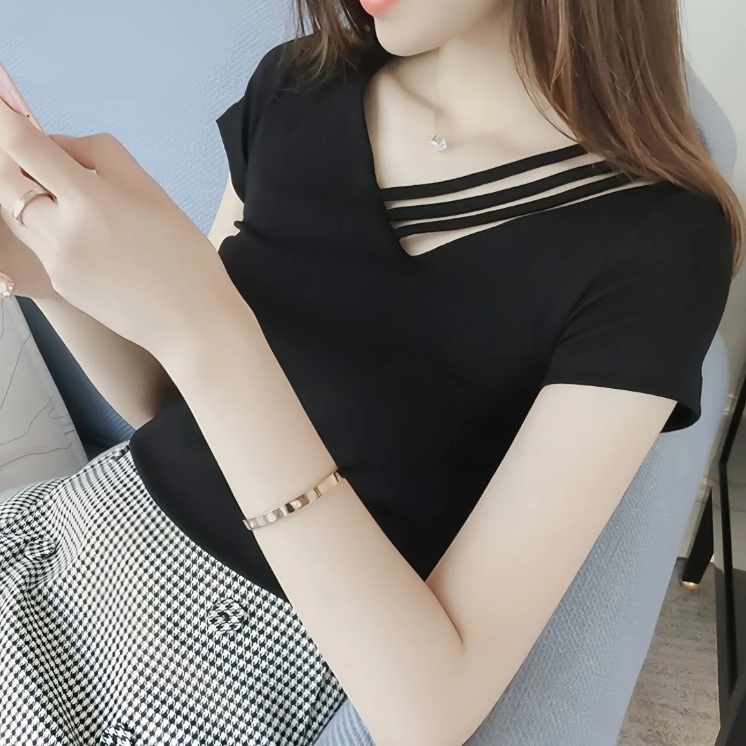 Korean Style V-neck Short Sleeve T-shirt Solid Color Loose Fit Quick Dry Breathable Top for Women's Casual Fashion