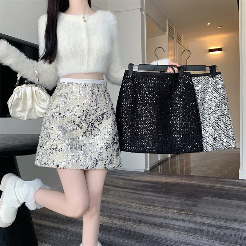 Elegant Sequin Woolen Skirt Women Korean Style High Waist Slim A-line Wrap Hip Mini Skirts Luxury Glittery Sequined Short Skirts