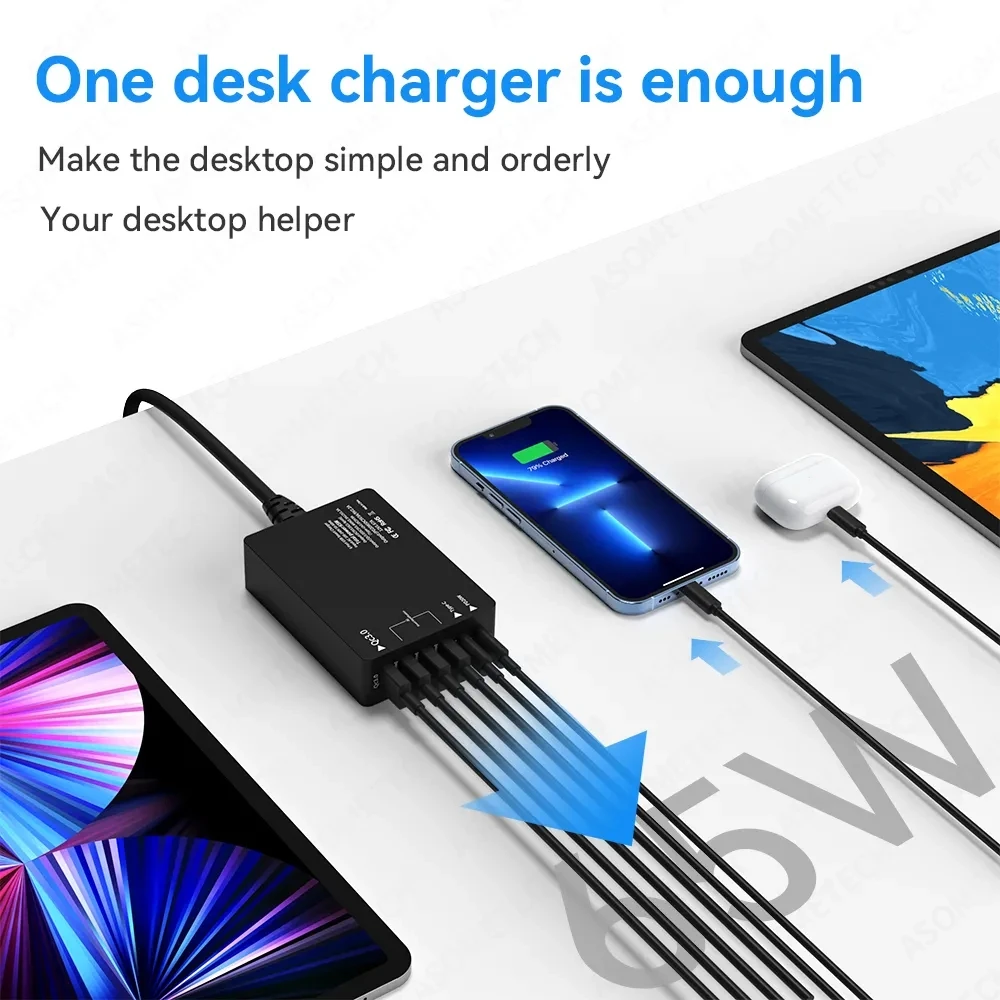 65W 6 Ports Usb Fast Charger For Iphone 11 12 13 14 Pro Max Carregador Tipo C Oneplus 10 Pro Cargador Mobile Mhones Accessories