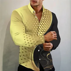 Camisa de lapela masculina manga longa, top casual de baile, padrão de rua ao ar livre, azul, dourado, novo design, plus size, 6XL, moda, 2023