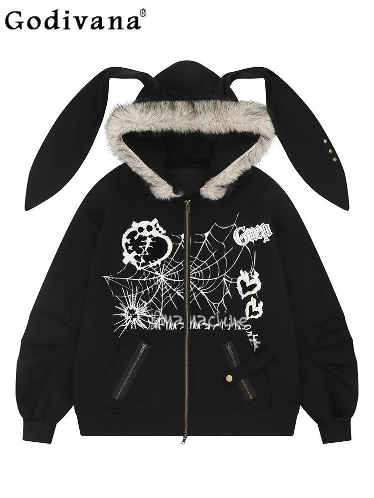 

Vintage Y2K Subculture Rabbit Ear Plush Hoodie Men's Fashion Trend Casual Loose Warm Zipper Long Sleeve Cardigan Jacket