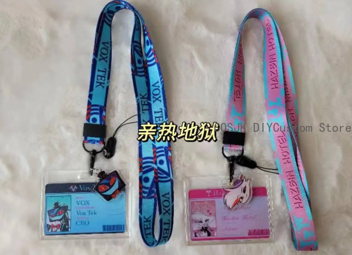 Anime atributo Angel Dust Vox Cosplay dibujos animados tarjeta de empleado cordón de teléfono raya rosa acrílico tarjetas de trabajo accesorio regalo de Navidad