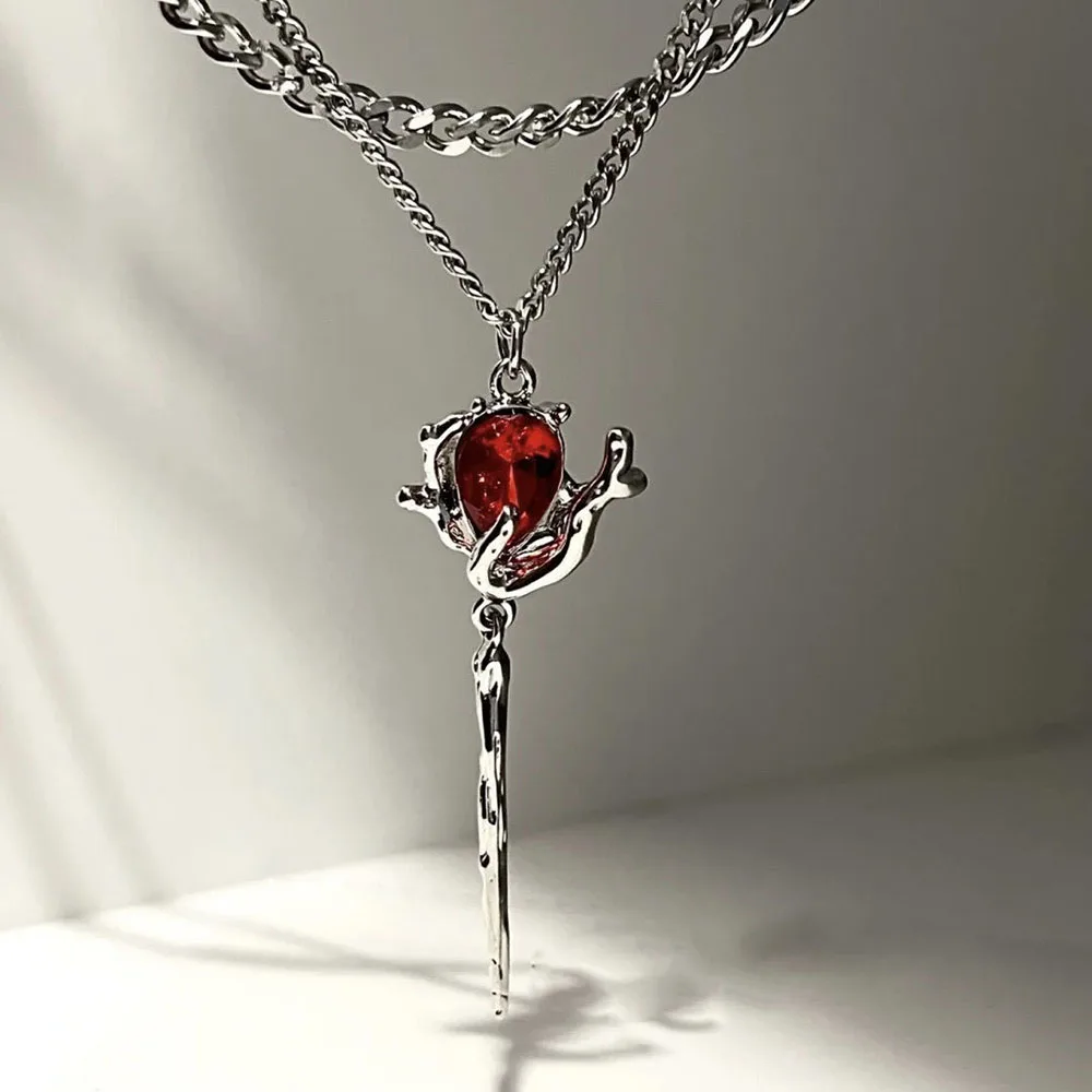 Y2K Accessories Fashion Red Crystal Heart Pendant Necklace Chian Egirl Sweet Cool Clavicle Chain Aesthetic Jewelry N0457