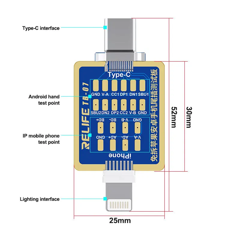 RELIFE TB-07 Non-Dismantle Charging Port Test Board for iPhone Type-C  Lightning Charging Test Adapter with Measurement Points
