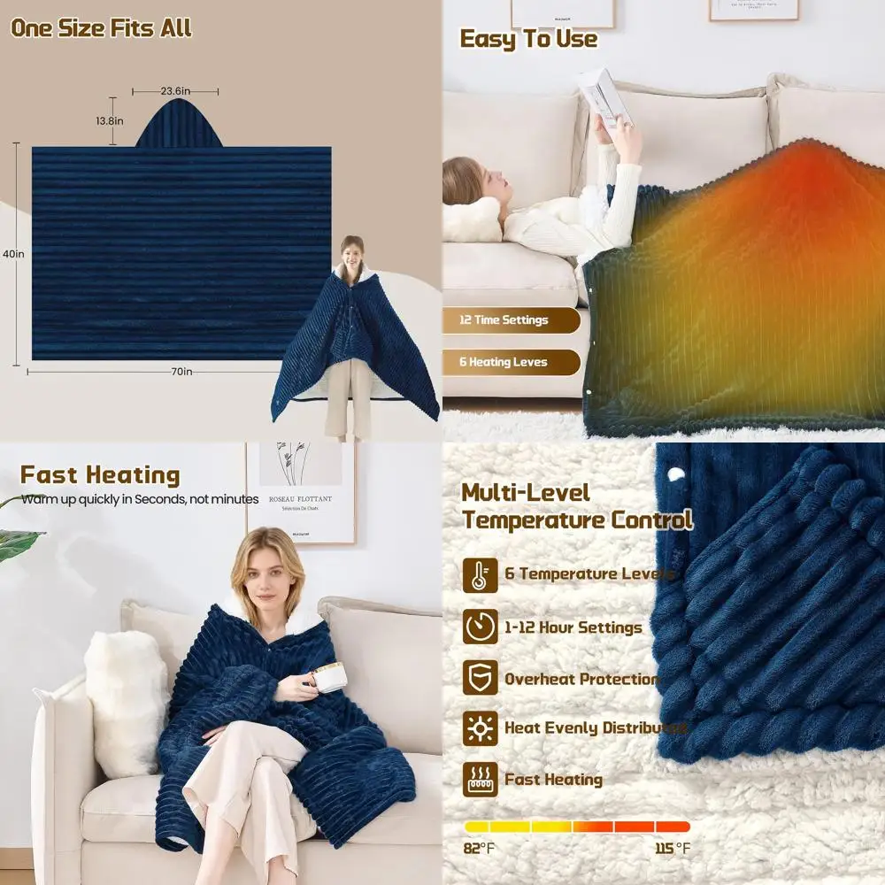 

Navy Electric Hooded Blanket with Pockets, 6 Heat Settings & 12-Hour Timer, Washable 40x70 Throw
