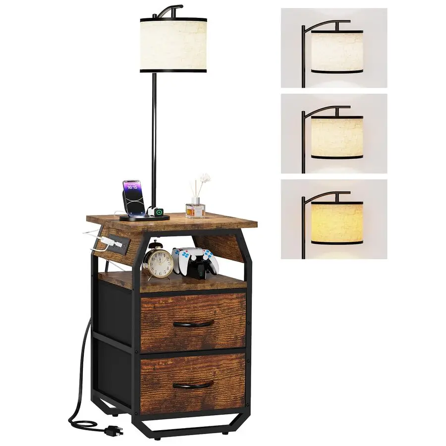 

Floor Lamp with Table, End Tables with Lamps Attached 3Color Temperature Bulb, Side Table with Lamp with 2 Drawers amp Charging