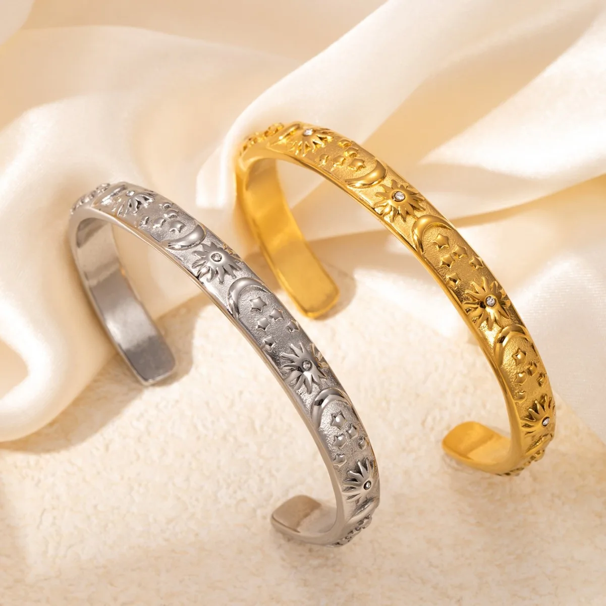 Moon Star Sun Bangle Bracelet Gold Sliver Stylish Metal Open Wrist Vintage Fashion Party Jewelry Gift for Women image 2