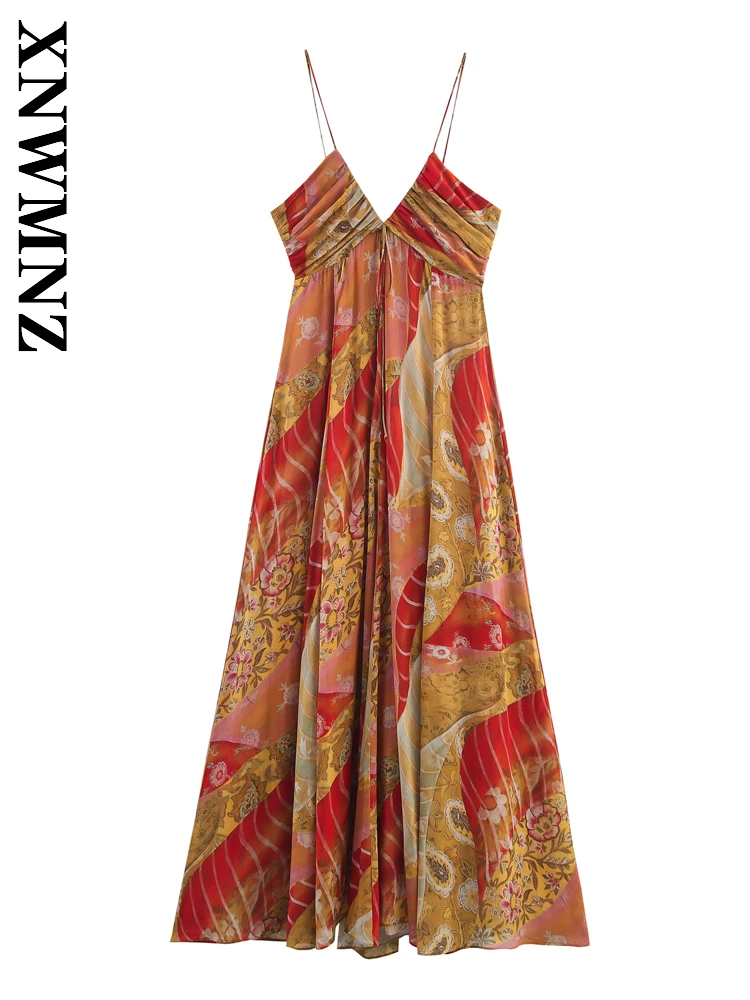 XNWMNZ 2025, Sommer-Frau, Urlaub, Party, dünner Schultergurt, ärmellos, rückenfrei, Midi-Kleider, Boho-Chic, Dame, sexy Plissee-Kleid