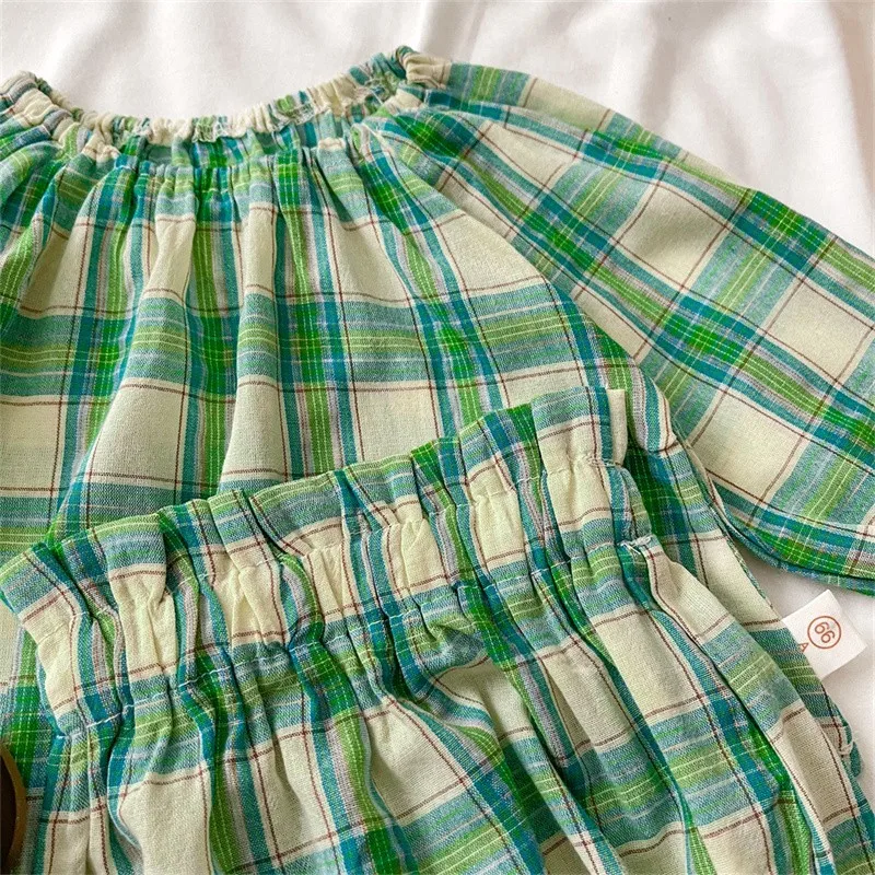 2024 New Spring Summer Baby Green Plaid Long Sleeve Tops And Shorts 2 Pieces Suit Girl Loose Clothing Set Kids Cotton Clothes