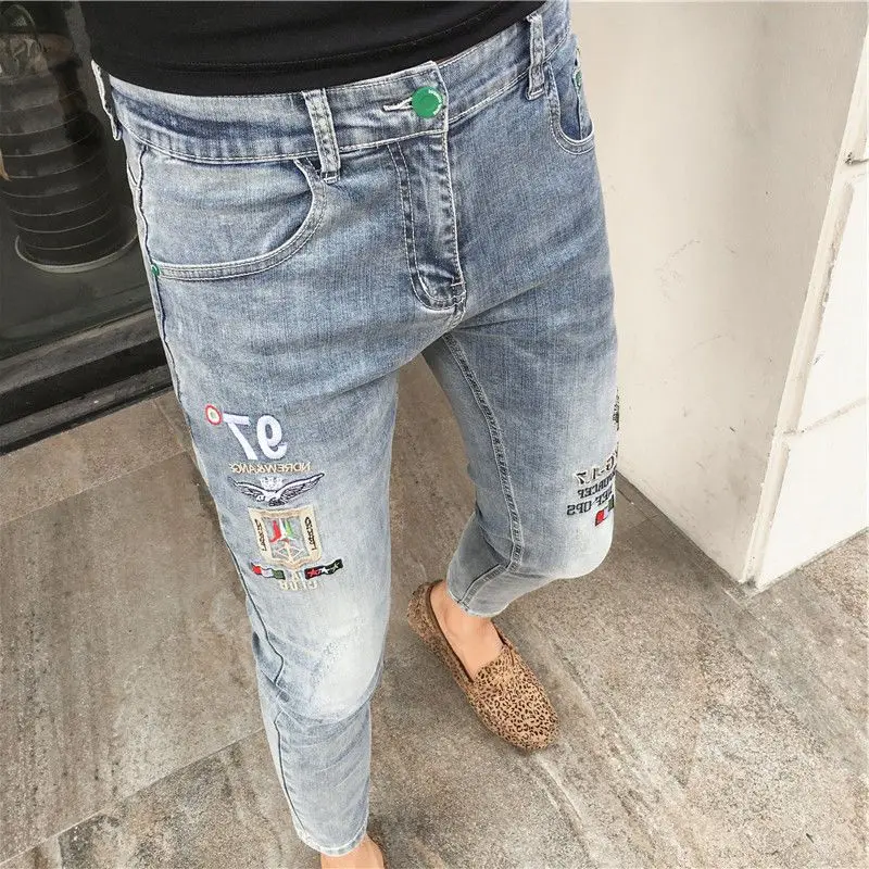 High Quality Stylish Low Rise Men's Designer Clothes New Blue Embroidered Jeans for Men Slim Kpop Style Students Cowboy Pants