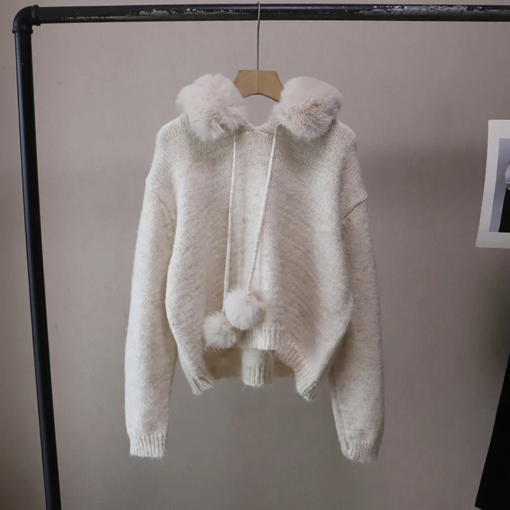 

Autumn Winter Casual All-Match Pullover Sweaters Faux Fur Collar Hooded Loose Solid Color Sweater Commute Warm Knitted Tops