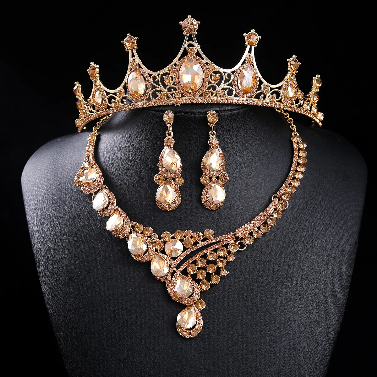 

Модная тиара и короны цвета шампанского с кристаллами и стразами с ожерельем, серьгами, свадебные аксессуары для волос для женщин и невесты