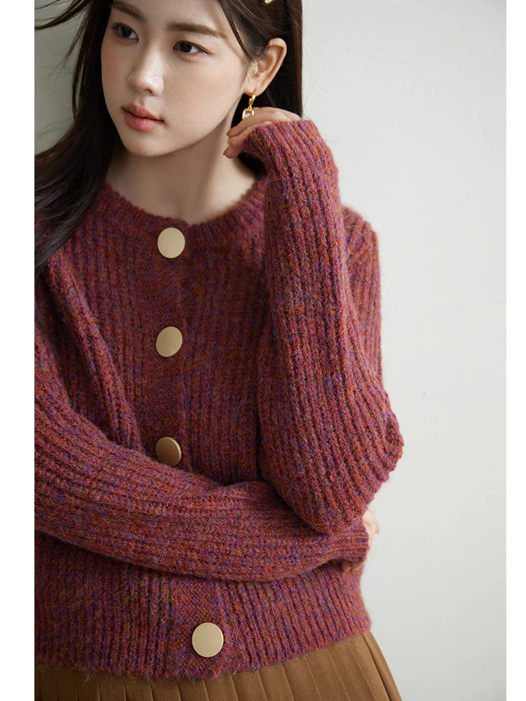 DUSHU Retro Purple Red Cardigan Sweater For Women Big Mental Button Decoration Female Winter Short Slightly Drop Sleeve Sweaters