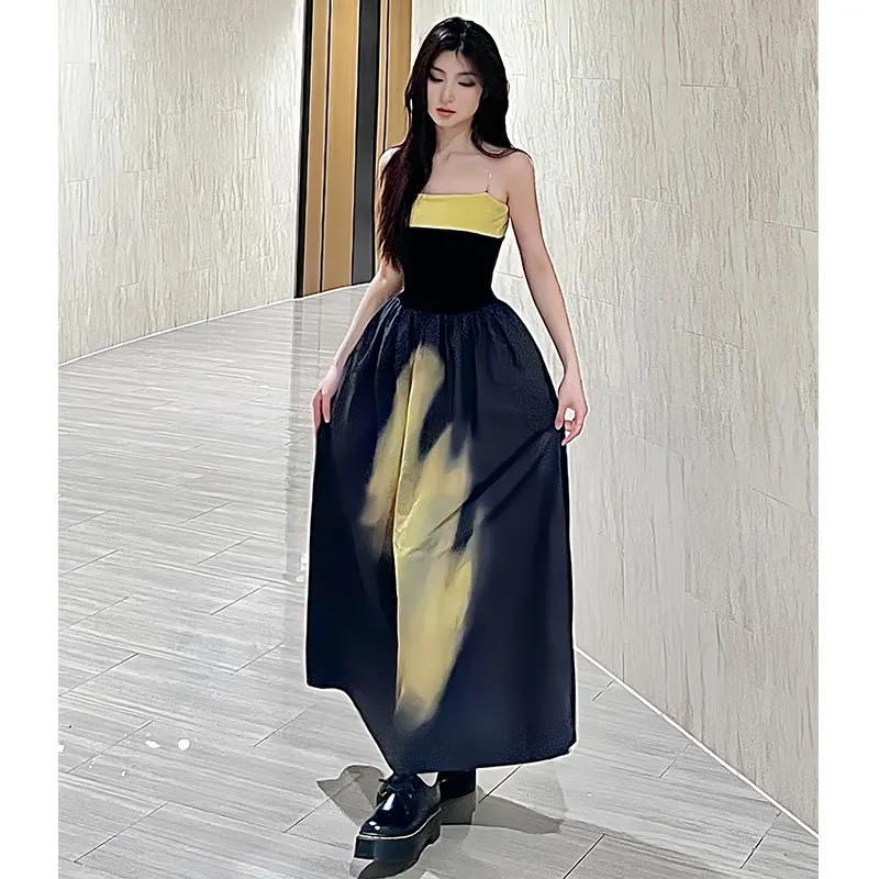 Summer Dress Cotton Print Wrap Chest Style Drawstring Dress with Exposed Collarbone Style